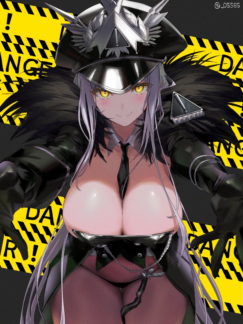 1girl between_breasts black_gloves black_hat black_lilith_(last_origin) black_necktie black_panties blush breasts caution_tape character_request cleavage coat detached_sleeves fur-trimmed_coat fur_collar fur_trim gloves grey_hair hat highres incoming_hug large_breasts last_origin long_hair long_sleeves looking_at_viewer mel_(dodosae) military military_hat military_rank_insignia military_uniform necktie necktie_between_breasts outstretched_arms panties reaching reaching_towards_viewer smile solo twitter_username underwear very_long_hair yellow_eyes