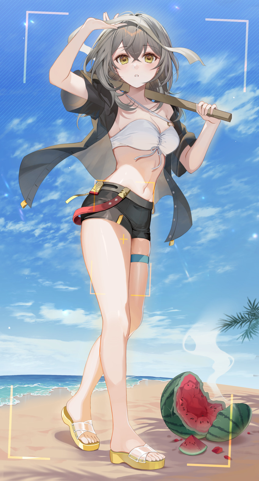 1girl absurdres bandeau beach black_jacket black_shorts blue_sky day food fruit grey_hair highres holding honkai:_star_rail honkai_(series) ion_(on01e) jacket long_hair looking_at_viewer midriff navel ocean open_clothes open_jacket parted_lips sandals short_shorts short_sleeves shorts single_strap sky solo standing stelle_(honkai:_star_rail) stomach thigh_strap thighs trailblazer_(honkai:_star_rail) water watermelon yellow_eyes