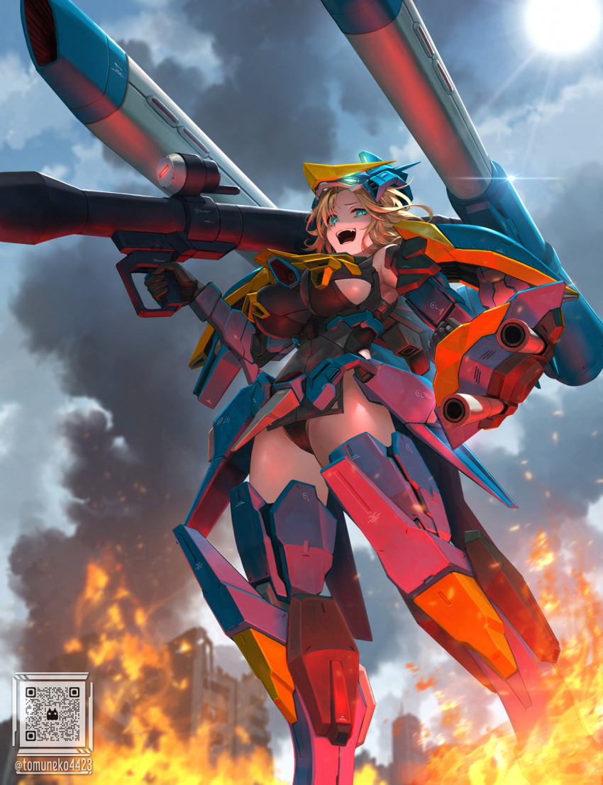 1girl arm_shield armor armored_boots bazooka_(gundam) beam_cannon black_leotard blonde_hair boots breasts building calamity_gundam commentary commentary_request day embers english_commentary feet_out_of_frame fire floating_hair green_eyes gundam gundam_seed highres holding holding_weapon humanization large_breasts laughing leotard looking_at_viewer mecha_musume medium_hair mixed-language_commentary open_mouth outdoors paid_reward_available qr_code ruins shoulder_cannon slit_pupils smoke solo standing sun teeth tom-neko_(zamudo_akiyuki) tongue twitter_username upper_teeth_only v-fin weapon