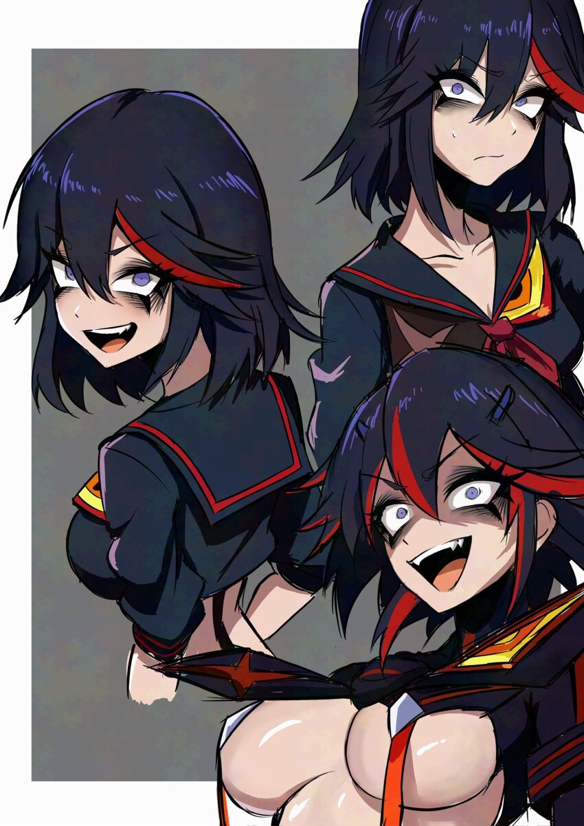 1girl black_hair black_sailor_collar black_shirt breasts closed_mouth collarbone constricted_pupils cropped_shirt eyelashes fangs grey_background hair_between_eyes highres kill_la_kill matoi_ryuuko multicolored_hair nagainegi neckerchief open_mouth purple_eyes red_hair red_neckerchief sailor_collar senketsu shirt short_hair streaked_hair suspenders teeth thick_eyelashes upper_teeth_only