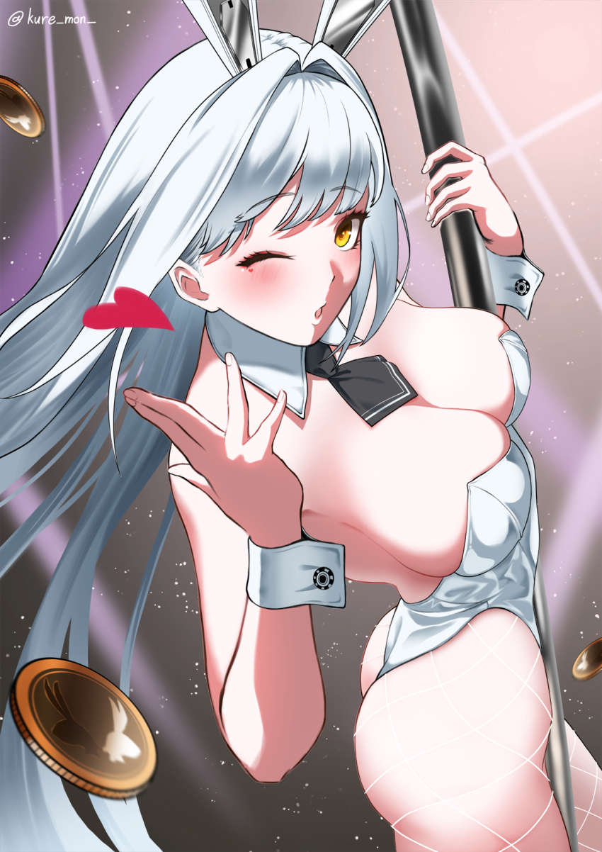 1girl :o animal_ears ascot ass black_ascot blanc_(nikke) blowing_kiss blunt_bangs blush breasts cleavage coin detached_collar facial_tattoo fake_animal_ears fishnet_pantyhose fishnets goddess_of_victory:_nikke hair_intakes heart heart_tattoo highleg highleg_leotard highres kuremon large_breasts leotard long_hair one_eye_closed orange_eyes pantyhose parted_lips playboy_bunny pole rabbit_ears solo strapless strapless_leotard tattoo very_long_hair white_hair white_leotard wrist_cuffs