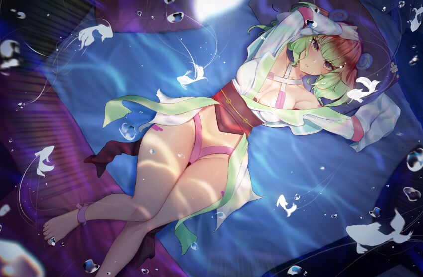 1girl absurdres barefoot breasts bubble criss-cross_halter fish gradient_hair green_hair halterneck highres long_sleeves multicolored_hair on_bed parted_lips pillow purple_eyes red_hair solo stronny_cuttles symbol-shaped_pupils two-tone_eyes vallure virtual_youtuber waltz_w_me yellow_eyes