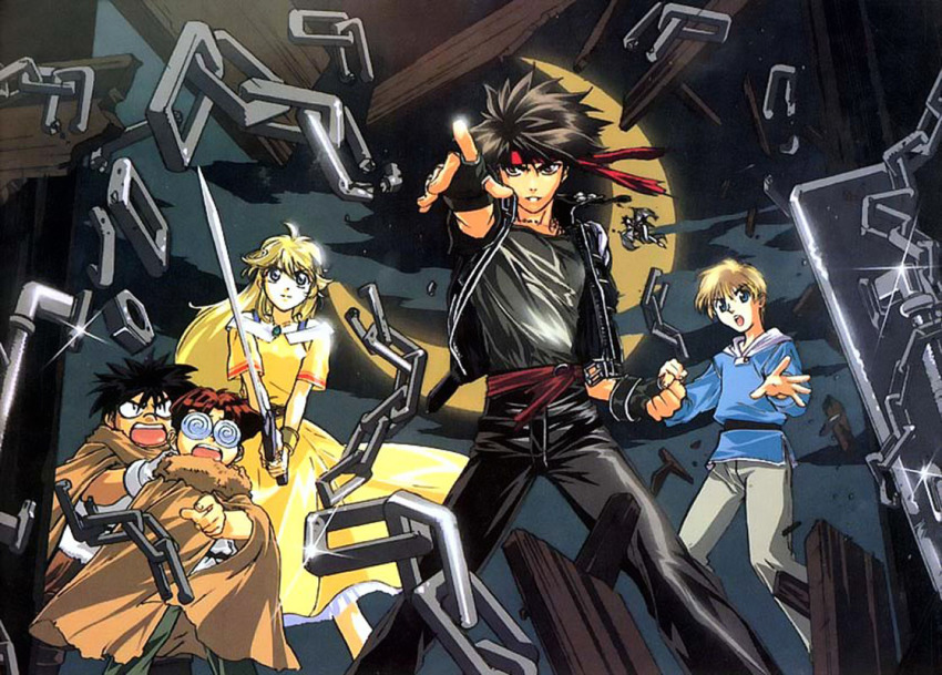 1girl 4boys black_hair blonde_hair blue_eyes brown_hair chain cleo_everlastin dortin dress headband long_hair majic_lin majutsushi_orphen multiple_boys orphen sword volkan weapon