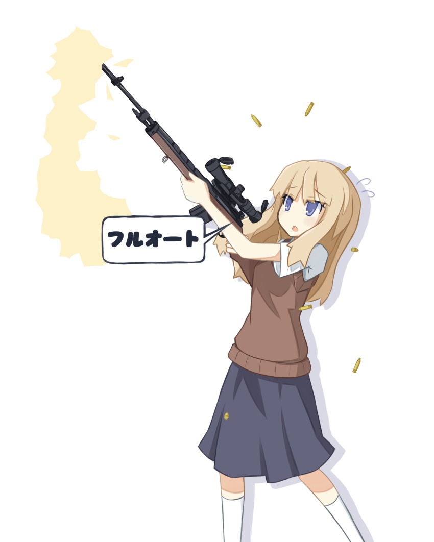 1girl absurdres battle_rifle blonde_hair blue_eyes female_focus gun highres m14 m14_(upotte!!) rifle sai_(bankoru) school_uniform solo upotte!! weapon white_background