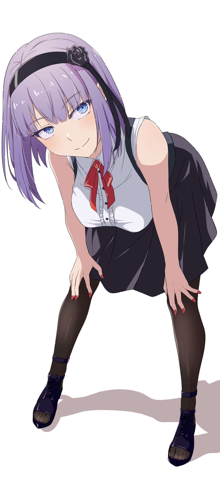 1girl absurdres bent_over black_flower black_footwear black_rose blue_eyes blush breasts camui1104 collared_shirt dagashi_kashi feet flower full_body hair_flower hair_ornament hairband high-waist_skirt high_heels highres large_breasts looking_at_viewer neckerchief pantyhose purple_hair red_nails red_neckerchief ringed_eyes rose shidare_hotaru shirt short_hair simple_background skirt smile solo suspender_skirt suspenders toes white_background white_shirt