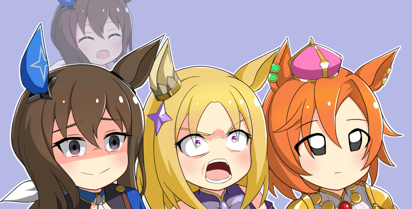 4girls ^_^ admire_vega&#039;s_twin_sister_(umamusume) admire_vega_(umamusume) animal_ears blonde_hair brown_hair closed_eyes crown ear_covers hair_ribbon highres horse_ears horse_girl long_hair meso_(zgmf-xv) mini_crown multiple_girls narita_top_road_(umamusume) orange_hair parody purple_background purple_eyes ribbon shaded_face short_hair simple_background single_ear_cover t.m._opera_o_(umamusume) umamusume umamusume:_road_to_the_top umayon upper_body white_ribbon