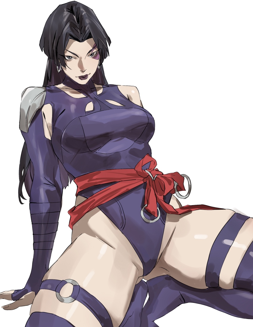 1girl absurdres armpit_cutout black_eyes black_hair boots clothing_cutout earrings highleg highleg_leotard highres hoop_earrings jewelry leotard long_hair looking_at_viewer marvel marvel_rivals o-ring o-ring_thigh_strap parted_hair psylocke purple_footwear purple_leotard red_sash sash simple_background superhero_costume taiyang_yu thigh_boots thigh_strap waist_sash white_background