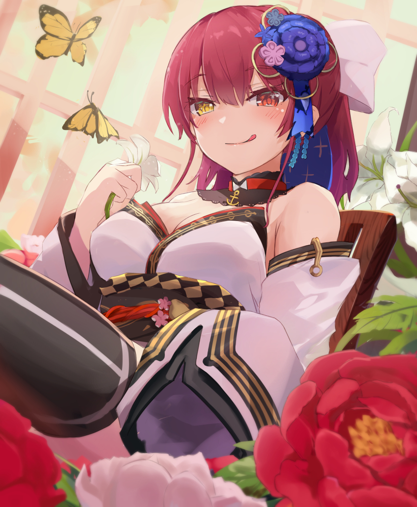 1girl absurdres bow breasts bug butterfly cleavage commentary_request detached_collar detached_sleeves flower hair_bow hair_ornament heterochromia highres holding holding_flower hololive houshou_marine houshou_marine_(new_year) insect japanese_clothes kanzashi kimono licking_lips long_hair long_sleeves looking_at_viewer red_eyes red_hair remini_(scenceremini) short_kimono sitting smile solo strapless_kimono sunlight thighhighs tongue tongue_out virtual_youtuber yellow_eyes