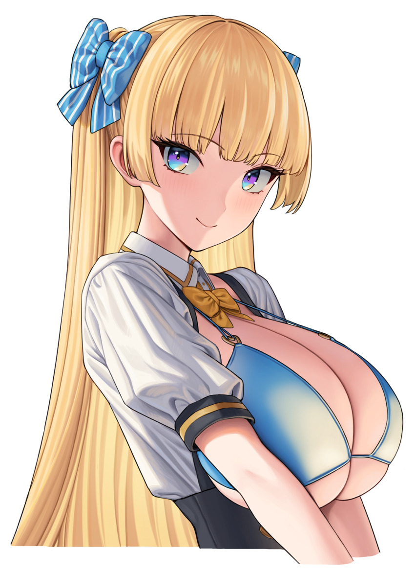 1girl bikini bikini_top_only blonde_hair blue_bikini blue_bow blue_eyes blush bow bowtie breastless_clothes breasts breasts_squeezed_together cleavage closed_mouth commentary_request hair_bow hair_intakes highres large_breasts lina_(michihasu) long_hair looking_at_viewer michihasu multiple_views orange_bow orange_bowtie original short_sleeves simple_background smile solo striped_bow swimsuit teeth two_side_up upper_teeth_only vertical-striped_bow white_background