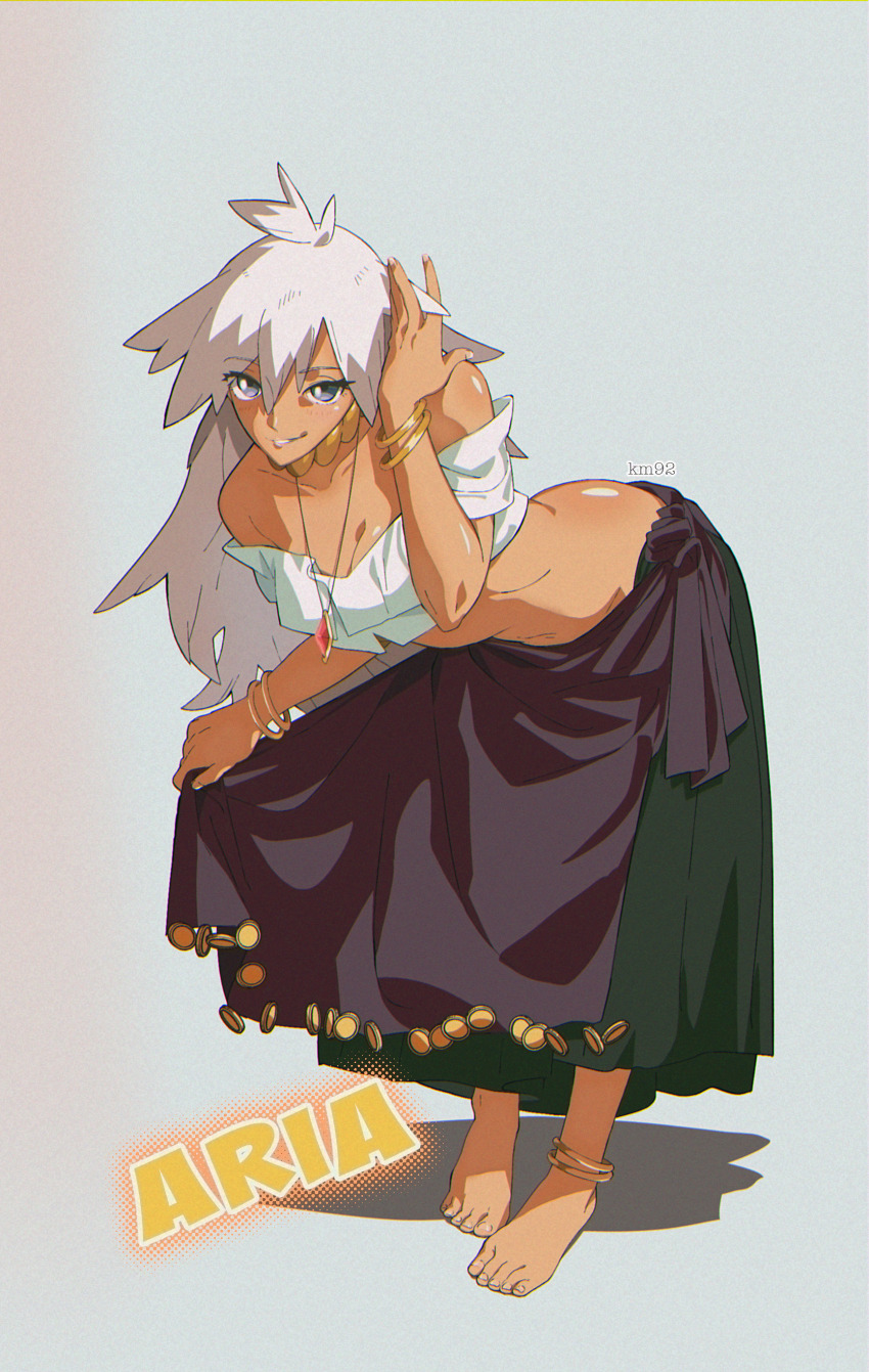 1girl absurdres anime_coloring anklet aria_(xeranad) bare_shoulders barefoot bent_over black_skirt bracelet breasts character_name cleavage clothes_lift collarbone commission feet fingernails flirting gem gold_anklet gold_bracelet gold_necklace grey_eyes gypsy highres jewelry km92 linea_alba long_eyelashes long_hair looking_at_viewer medium_breasts messy_hair midriff multiple_anklets multiple_bracelets necklace original red_gemstone revealing_clothes seductive_smile shiny_skin shirt skirt skirt_lift smile solo tan tiptoes toenails white_hair white_shirt