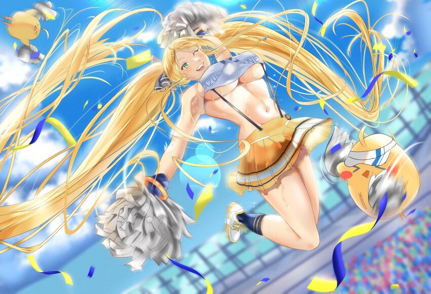 1girl absurdly_long_hair absurdres azur_lane blonde_hair blue_socks blurry blurry_background breasts cheerleader confetti day green_eyes highres holding holding_pom_poms hornet_(azur_lane) hornet_(cheering_justice!)_(azur_lane) jumping large_breasts long_hair looking_at_viewer manjuu_(azur_lane) midriff navel official_alternate_costume one_eye_closed open_mouth outdoors pleated_skirt pom_pom_(cheerleading) pom_poms revealing_clothes shoes skirt sleeveless socks solo suspender_skirt suspenders twintails underboob very_long_hair wesaki_leona white_pom_poms white_shoes yellow_skirt