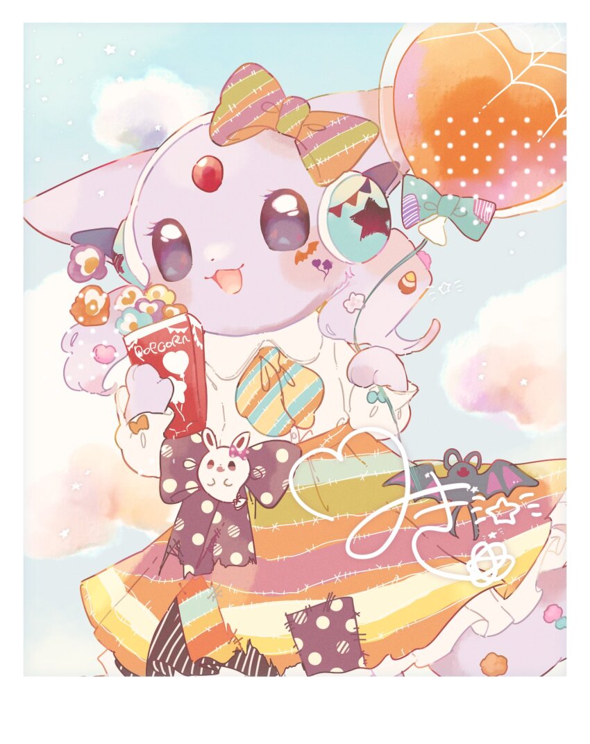 1girl :3 :d animal_ears animal_hands balloon blue_sky border bow candy cat_ears creatures_(company) espeon facial_tattoo food forehead_jewel furry furry_female game_freak gem gen_1_pokemon gen_2_pokemon headphones heart_balloon highres holding holding_balloon looking_at_viewer mkt_(buizu-miki) nintendo open_mouth patchwork_clothes pokemon pokemon_(creature) popcorn purple_bow purple_eyes purple_fur purple_hair red_gemstone shirt skirt sky smile solo standing striped_bow striped_clothes striped_skirt tattoo white_border white_shirt zubat