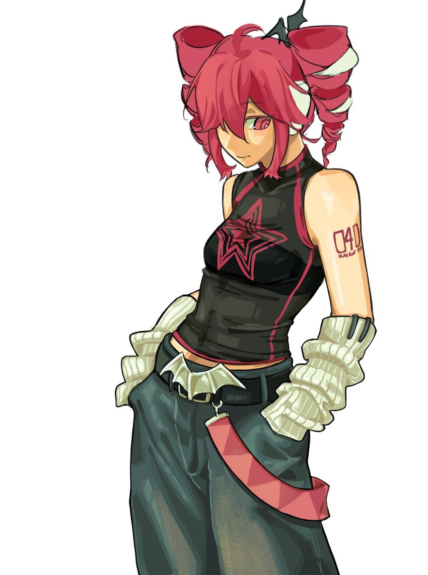 1girl ahoge arm_tattoo belt black_belt closed_mouth commentary contrapposto double-parted_bangs drill_hair english_commentary hair_between_eyes hair_over_one_eye hair_ribbon hands_in_pockets highres kasane_teto livpoid midriff_peek number_tattoo one_eye_closed pants pocket red_belt red_eyes red_hair red_tattoo ribbon shirt shoulder_tattoo sleeveless sleeveless_shirt smile solo tattoo twin_drills utau white_ribbon