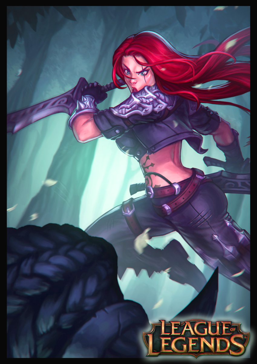 1girl armor battle black_gloves blue_eyes border copyright_name dual_wielding fighting_stance forest gloves gubrutsky highres holding katarina_(league_of_legends) league_of_legends long_hair midriff nature pauldrons red_hair rengar reverse_grip short_sword shoulder_armor solo_focus sword vambraces weapon