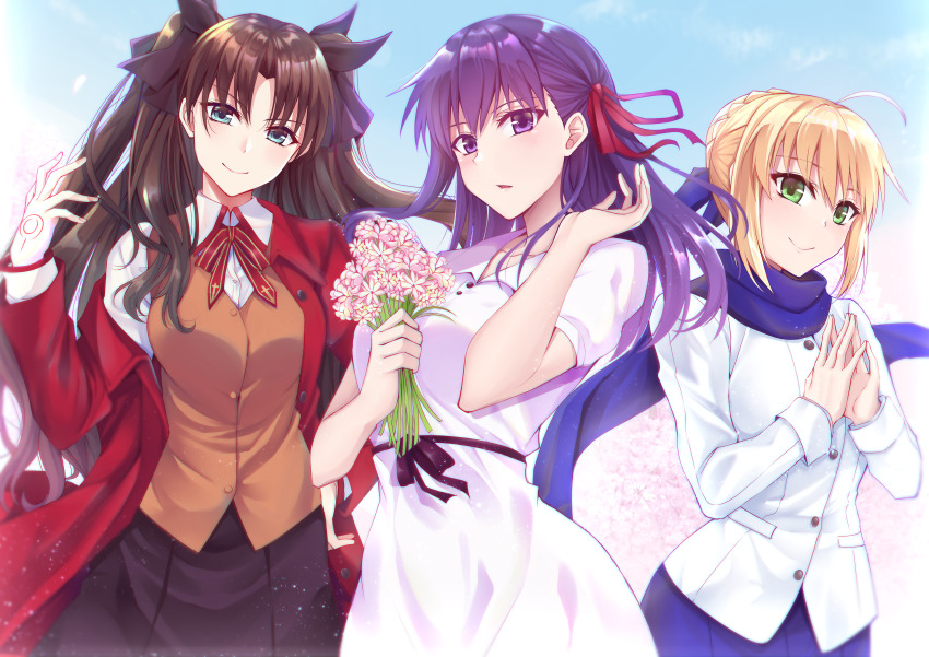 3girls absurdres ahoge artoria_pendragon_(all) artoria_pendragon_(fate) black_hair black_skirt blonde_hair blue_eyes blue_ribbon blue_scarf braid breasts commentary dress fate/stay_night fate_(series) flower green_eyes gu_li hair_ribbon heaven&#039;s_feel highres holding holding_flower huge_filesize jacket large_breasts long_hair looking_at_viewer matou_sakura multiple_girls official_alternate_costume outdoors own_hands_together pink_ribbon purple_eyes purple_hair red_jacket red_ribbon ribbon saber_(fate) scarf short_sleeves skirt smile tohsaka_rin two_side_up white_dress white_jacket