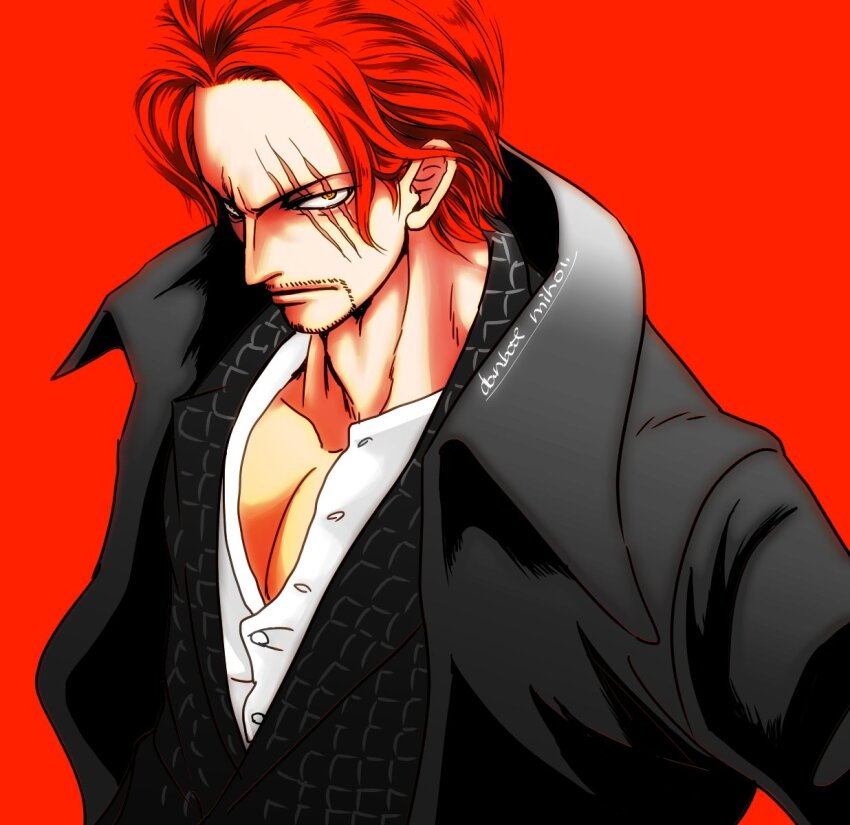 1boy artist_name beard_stubble black_coat closed_mouth coat collared_coat danbat_miho facial_hair highres looking_at_viewer male_focus one_piece red_background red_hair scar scar_on_face shanks_(one_piece) shirt simple_background solo stubble upper_body white_shirt