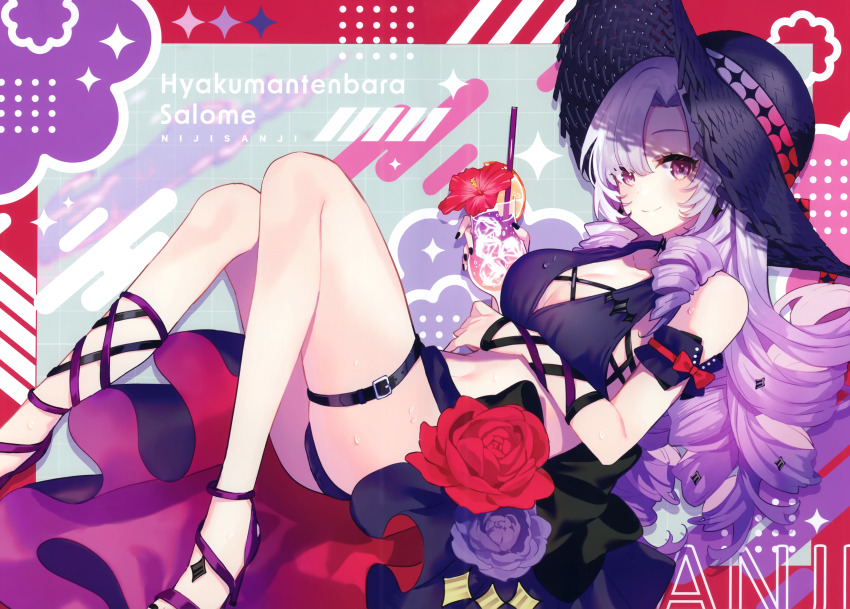 1girl absurdres bare_shoulders bikini blush breasts character_name cleavage closed_mouth drinking_straw flower food fruit hat hibiscus highres holding hyakumantenbara_salome ice ice_cube long_hair looking_at_viewer lying medium_breasts navel nijisanji on_back orange_(fruit) orange_slice purple_eyes purple_hair ribbon saine scan smile solo stomach swimsuit thigh_strap thighs tropical_drink virtual_youtuber