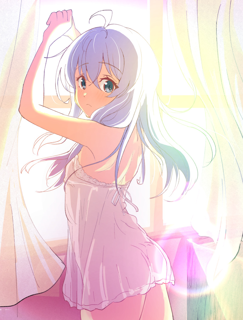 1girl absurdres aluminacy armpits blue_eyes breasts closed_mouth elaina_(majo_no_tabitabi) eyebrows_hidden_by_hair from_behind hair_between_eyes highres lens_flare light_blush lingerie long_hair looking_at_viewer majo_no_tabitabi negligee nightgown small_breasts solo sunlight underwear white_hair white_nightgown window_shadow