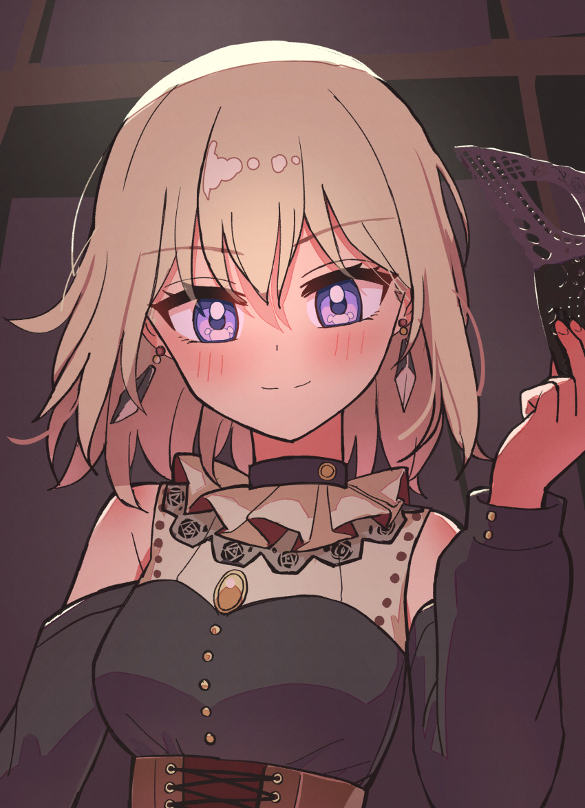 1girl absurdres bang_dream! bang_dream!_it&#039;s_mygo!!!!! blonde_hair blush brown_corset closed_mouth clothing_cutout commentary corset doloris_(bang_dream!) earrings highres jewelry jin_(jinkwon1147) long_sleeves looking_at_viewer mask masquerade_mask medium_hair misumi_uika purple_eyes shoulder_cutout solo upper_body yellow_brooch