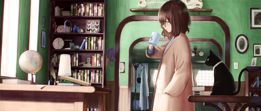 1girl animal_skull black_cat blue_eyes blue_shirt book bookshelf brown_hair brown_robe bug butterfly cat clock closed_mouth coat coat_rack coffee_mug commentary cup day desk drawing_(object) flower from_side fuurin_sou globe highres holding holding_cup indoors inkwell insect insect_collection lamp long_sleeves medium_hair mug open_book original profile purple_flower quill robe shirt solo table unworn_coat white_coat