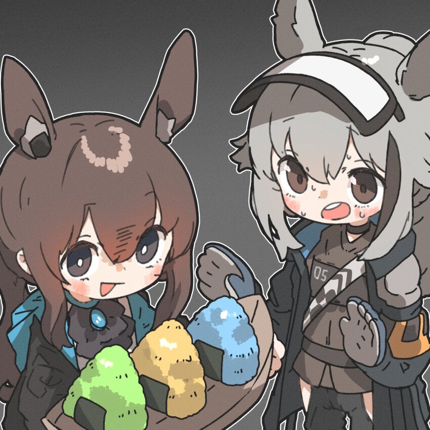 2girls amiya_(arknights) amonitto animal_ear_fluff animal_ears arknights ascot black_background black_coat blue_eyes brooch brown_eyes brown_hair brown_shirt brown_shorts chibi choker coat food gloves grani_(arknights) grey_hair highres holding holding_plate jewelry long_hair multiple_girls nervous_sweating onigiri open_clothes open_coat open_mouth plate shirt shorts smile standing sweat sweatdrop upper_body visor_cap