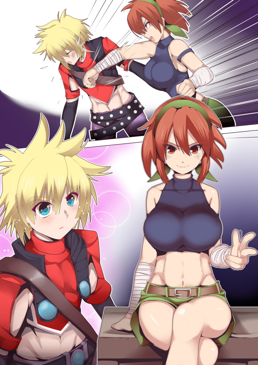 1boy 1girl bandit_(tales_of_destiny_2) belt black_belt black_gloves black_sports_bra blonde_hair blue_eyes blush breasts brown_belt brown_eyes brown_hair closed_mouth commentary_request crossed_legs elbow_gloves feet_out_of_frame fukui_sora gloves green_hairband green_shorts hair_between_eyes hairband highres kyle_dunamis large_breasts long_bangs looking_at_another midriff navel open_mouth pants punching purple_pants red_shirt shirt short_hair short_sleeves shorts smile sports_bra tales_of_(series) tales_of_destiny tales_of_destiny_2