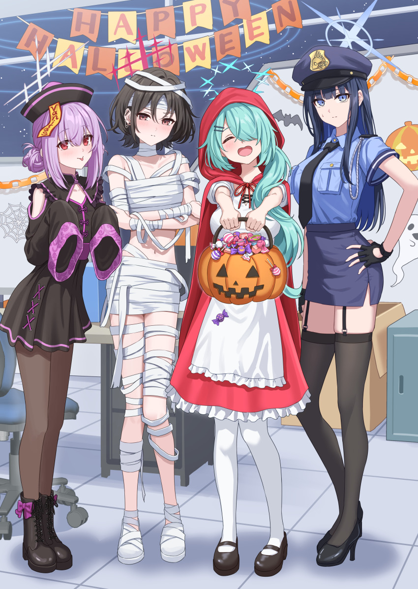 4girls :p absurdres alternate_costume alternate_hairstyle aqua_hair arius_squad_(blue_archive) atsuko_(blue_archive) bandage_on_hair bandaged_head bandages black_dress black_footwear black_gloves black_hair black_necktie black_pantyhose black_sleeves black_thighhighs blue_archive blue_eyes blue_hair blue_halo blue_shirt blue_sky boots brown_hair bucket candy cloak closed_eyes clothing_cutout colored_inner_hair cosplay decorations double_bun dress fingerless_gloves food frilled_dress frills full_body gloves hair_bun hair_over_one_eye halloween_bucket halloween_costume halo hand_on_own_hip hands_up happy_halloween hat highres hiyori_(blue_archive) holding holding_bucket hood hooded_cloak indoors jiangshi_costume little_red_riding_hood little_red_riding_hood_(grimm) little_red_riding_hood_(grimm)_(cosplay) low_side_ponytail miniskirt misaki_(blue_archive) multicolored_hair multiple_girls mummy_costume naked_bandage navel necktie pantyhose peaked_cap pennant police police_hat police_uniform purple_halo qingdai_guanmao red_cloak red_eyes red_halo red_hood saori_(blue_archive) shirt short_hair short_sleeves shoulder_cutout simoumi_217 skirt sky sleeves_past_fingers sleeves_past_wrists standing thighhighs tongue tongue_out white_halo wrapped_candy