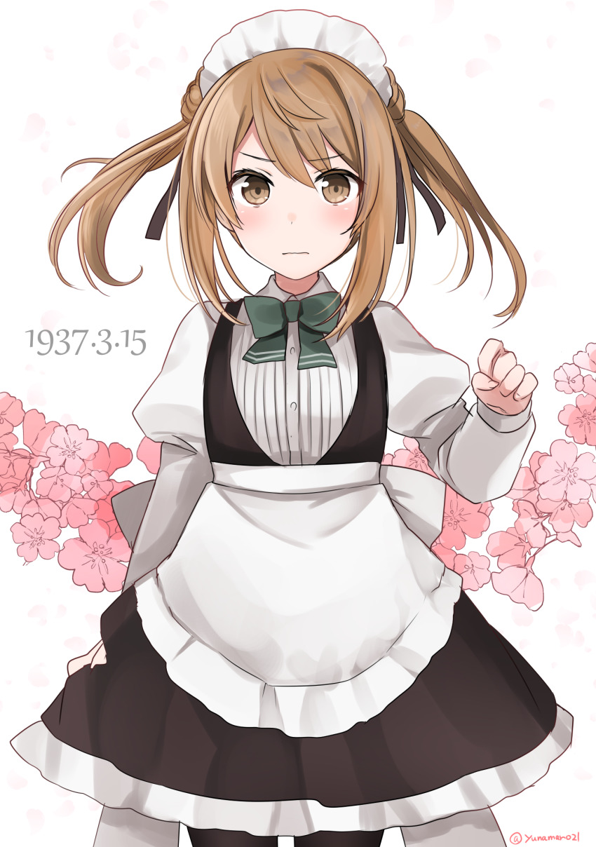 1girl adapted_costume alternate_costume apron black_dress black_pantyhose brown_eyes clothes_lift cowboy_shot double_bun dress dress_lift enmaided floral_background frilled_apron frills hair_bun highres kantai_collection light_brown_hair long_sleeves maid maid_headdress michishio_(kancolle) michishio_kai_ni_(kancolle) pantyhose puffy_sleeves shirt short_twintails solo twintails waitress white_apron white_background white_shirt yunamaro