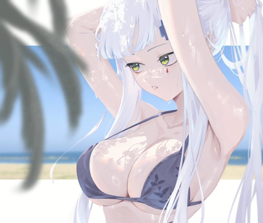 1girl adjusting_hair arms_up beach bikini bikini_top_only blue_sky blurry breasts cleavage commentary cross_hair_ornament depth_of_field girls&#039;_frontline green_eyes hair_ornament highres hk416_(girls&#039;_frontline) letterboxed long_hair ocean parted_lips print_bikini sand sidelocks sky solo swimsuit symbol-only_commentary tattoo teardrop_facial_mark teardrop_tattoo upper_body vegetation weisskaeppchen wet white_hair