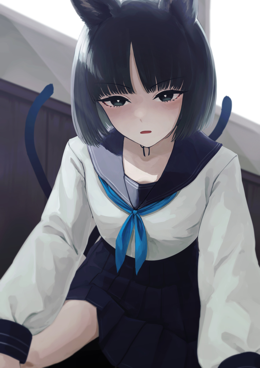 1girl absurdres animal_ears blue_archive blue_ribbon blue_sailor_collar blue_serafuku blue_skirt blunt_bangs blunt_ends bob_cut cat_ears cat_girl cat_tail grey_eyes highres kikyou_(blue_archive) looking_at_viewer multiple_tails on_floor open_mouth ribbon sailor_collar school_uniform serafuku shirt short_hair skirt tail white_shirt wooden_wall y4mori_gekko