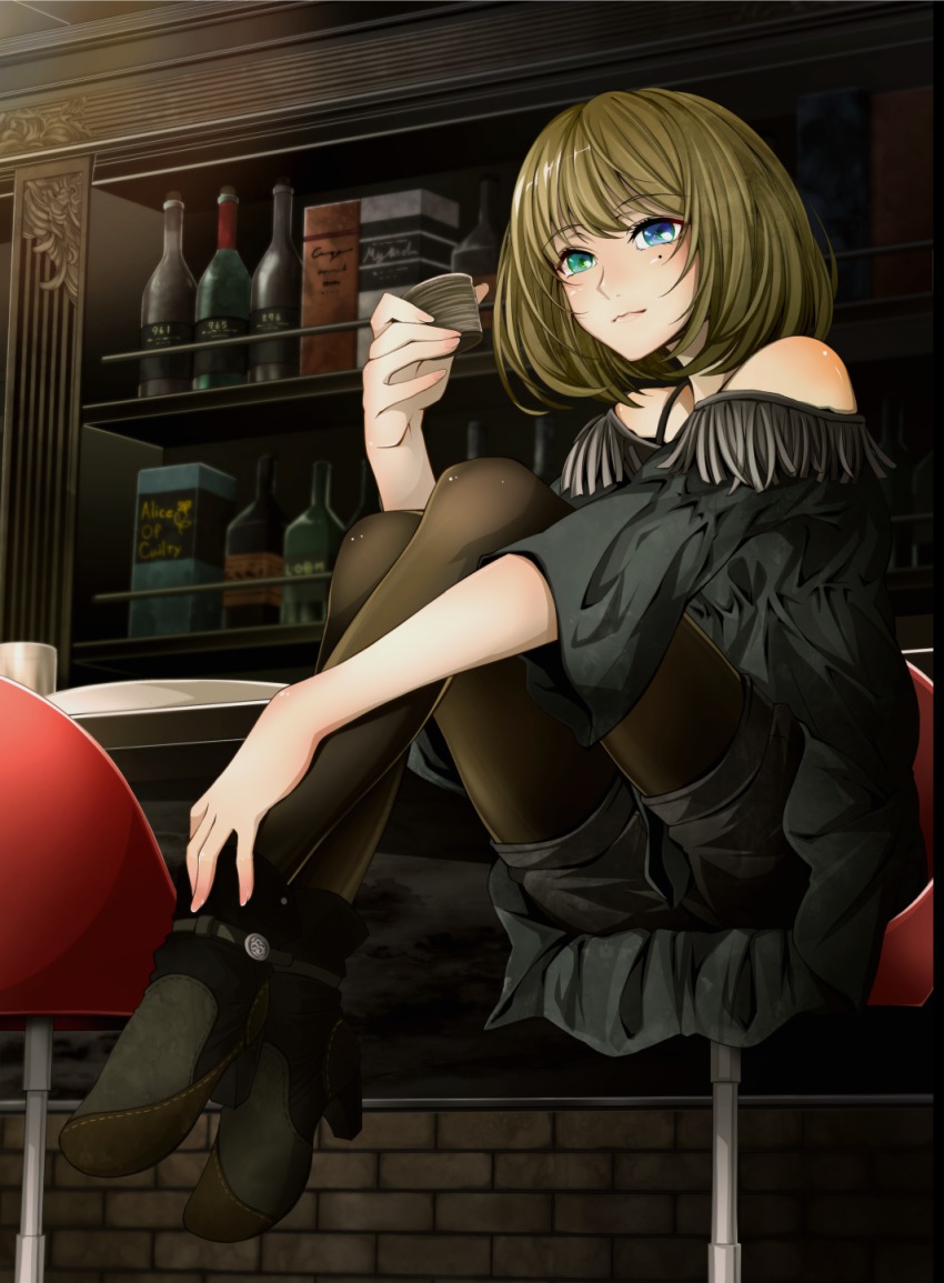 10s 1girl alcohol ankle_boots bad_id bad_pixiv_id black_pantyhose blue_eyes blush boots brown_hair cup fashion female_focus fringe_trim green_eyes heterochromia high_heels highres hiroki_(plt) hiroki_plt idolmaster idolmaster_cinderella_girls mole mole_under_eye off_shoulder ohara_hiroki pantyhose pantyhose_under_shorts shoes short_hair shorts sitting smile solo stool takagaki_kaede wine