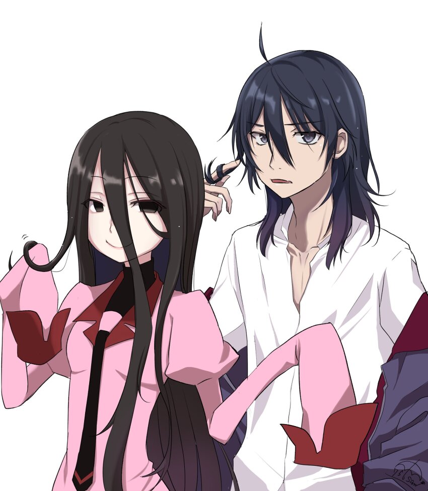 1boy 1girl 756san absurdly_long_hair ahoge alternate_hair_length alternate_hairstyle araragi_koyomi artist_name black_eyes black_necktie black_undershirt breasts closed_mouth collared_shirt commentary dress_shirt empty_eyes front-to-back hair_between_eyes hair_over_shoulder hands_up highres holding holding_own_hair jacket juliet_sleeves long_bangs long_hair long_hair_between_eyes long_sleeves looking_at_viewer messy_hair monogatari_(series) motion_lines naoetsu_high_school_uniform necktie off_shoulder open_clothes open_jacket oshino_ougi parted_lips partially_unbuttoned pink_shirt playing_with_own_hair puffy_sleeves purple_jacket red_trim school_uniform shirt signature simple_background sleeves_past_fingers sleeves_past_wrists small_breasts smile standing turtleneck twirling_hair upper_body very_long_hair very_long_sleeves w_arms white_background white_shirt