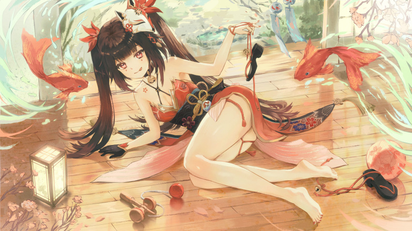 1girl absurdres arm_support barefoot bell black_gloves black_hair breasts butterfly-shaped_pupils circle_facial_mark cleavage commentary criss-cross_halter fish flower_tattoo fox_mask geta gloves goldfish halterneck highres holding_shoe honkai:_star_rail honkai_(series) kendama legs long_hair looking_at_viewer mask mask_on_head medium_breasts melon_(melontsai) nail_polish neck_bell obi obijime red_eyes red_nails sash shoes sidelocks single_glove soles solo sparkle_(honkai:_star_rail) symbol-shaped_pupils tattoo tongue tongue_out twintails unworn_shoes very_long_hair wind_chime wooden_floor