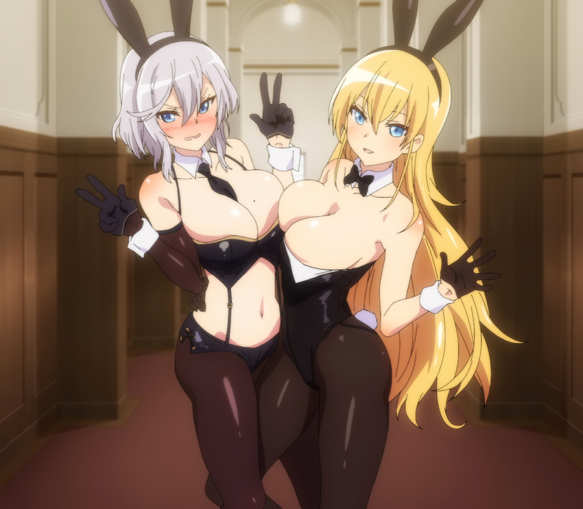 2girls animal_ears azur_lane bare_shoulders between_breasts black_gloves black_legwear blonde_hair blue_eyes blush bow bowtie breasts cleavage detached_collar double_v fake_animal_ears gloves highres large_breasts leotard long_hair looking_at_viewer multiple_girls navel necktie necktie_between_breasts north_carolina_(azur_lane) pantyhose playboy_bunny rabbit_ears rabbit_tail silver_hair stitched tail third-party_edit v washington_(azur_lane) wrist_cuffs