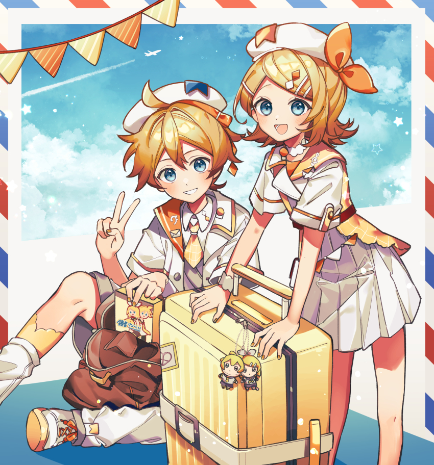 1boy 1girl :d absurdres ahoge aircraft airplane backpack bag banner bare_legs beret blonde_hair blue_eyes blue_sky bow brown_bag character_charm charm_(object) choker cloud cloudy_sky commentary_request diamond_hair_ornament dress feet_out_of_frame foot_out_of_frame grin hair_between_eyes hair_ornament hairpin hat hat_bow hat_ribbon highres kagamine_len kagamine_rin leg_warmers looking_at_viewer magical_mirai_(vocaloid) magical_mirai_len_(2024) magical_mirai_rin_(2024) medium_hair miniskirt musical_note_ornament necktie open_bag open_mouth orange_bow orange_ribbon pleated_skirt ribbon rolling_suitcase sazanami_(ripple1996) shirt shoes short_necktie short_sleeves sitting skirt sky smile sneakers standing star_(symbol) suitcase v vocaloid white_choker white_dress white_hat white_leg_warmers white_shirt wing_collar wristband yellow_bag yellow_nails yellow_necktie