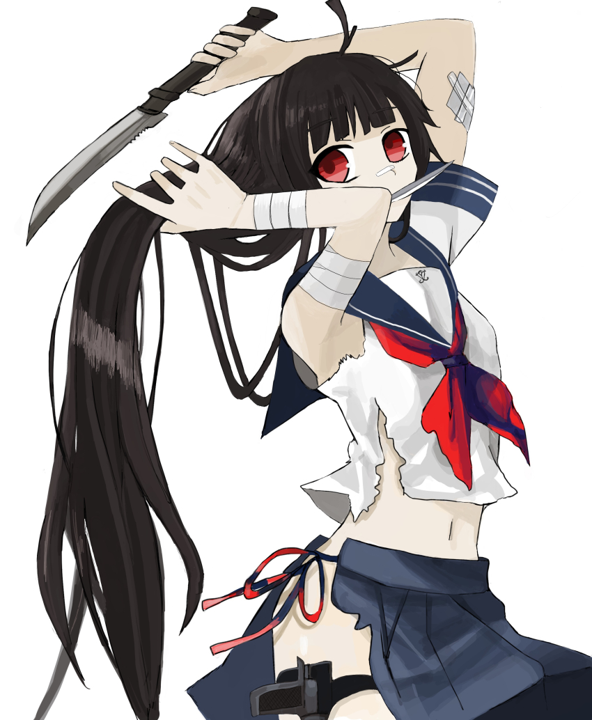 1girl 2024 absurdres ahoge bandaged_arm bandaged_nose bandages black_hair character_request empathdoll gun highres holster knife long_hair looking_back ninja original reaching_back red_eyes sailor_fuku skirt solo torn_clothes weapon