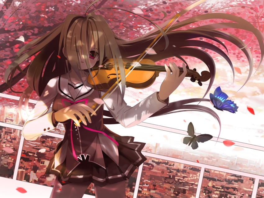 1girl ahoge black_butterfly black_legwear black_skirt blue_butterfly bow_(music) brown_hair bug butterfly day g-senjou_no_maou hair_over_one_eye bug instrument long_hair long_sleeves music outdoors petals playing_instrument railing red_eyes school_uniform skirt solo susugi usami_haru very_long_hair violin