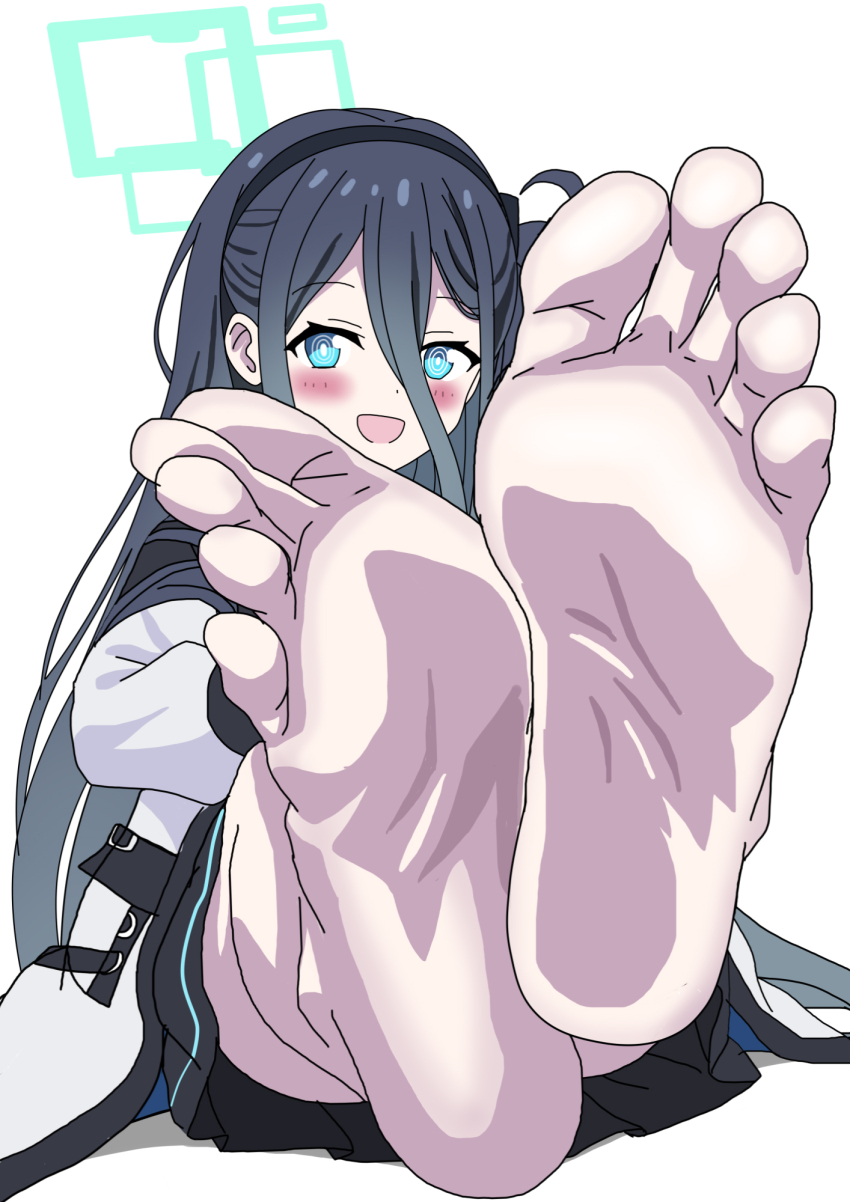 1girl aris_(blue_archive) barefoot black_hair blue_archive blue_eyes blush feet hairband highres long_hair looking_at_viewer open_mouth riokasen soles toes