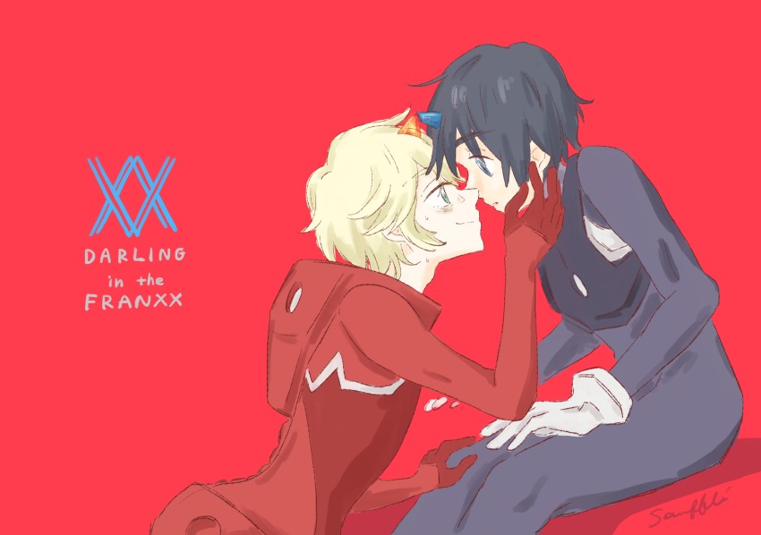 10s 2boys bad_id bad_pixiv_id biencui black_bodysuit black_hair blonde_hair blue_eyes blue_horns bodysuit commentary_request couple darling_in_the_franxx face-to-face facing_another forehead-to-forehead gloves green_eyes hand_on_another&#039;s_face hand_on_another&#039;s_knee heads_together highres hiro_(darling_in_the_franxx) horns looking_at_another male_focus mecha_pilot_suit multiple_boys nine_alpha_(darling_in_the_franxx) parasite_suit_(darling_in_the_franxx) red_bodysuit red_gloves short_hair shorts signature sweat white_gloves yaoi