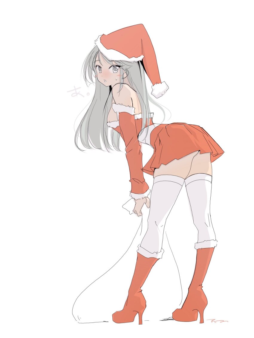 1girl alternate_costume boots detached_sleeves dress from_behind fur-trimmed_boots fur-trimmed_dress fur-trimmed_headwear fur_trim grey_eyes grey_hair hat high_heels highres kantai_collection leaning_forward looking_at_viewer red_dress red_footwear red_hat sagiri_(kancolle) santa_hat simple_background solo strapless strapless_dress tada_(tactical_tada) thighhighs white_background white_thighhighs