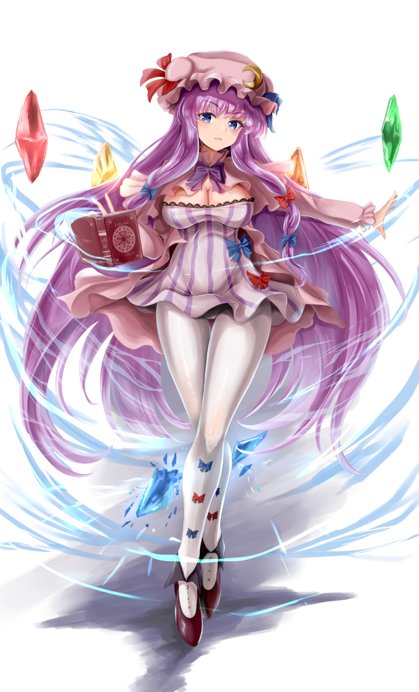 1girl book bow breasts cleavage crescent crescent_hair_ornament crescent_hat_ornament dress hair_ornament hat hat_ornament highres large_breasts long_hair looking_at_viewer magic mob_cap namiki_(remiter00) pantyhose patchouli_knowledge purple_eyes purple_hair short_dress solo striped_clothes striped_dress thigh_gap touhou vertical-striped_clothes vertical-striped_dress very_long_hair wide_hips