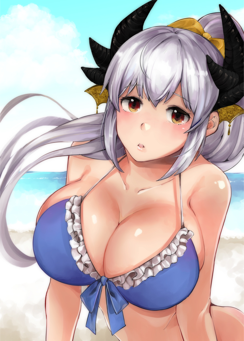 1girl bare_shoulders beach bikini bow breasts brown_eyes cleavage cloud collarbone day fate/grand_order fate_(series) female_focus hair_bow hair_ribbon highres kiyohime_(fate) kiyohime_(fate/grand_order) kiyohime_(swimsuit_lancer)_(fate) kiyohime_(swimsuit_lancer)_(third_ascension)_(fate) large_breasts long_hair looking_at_viewer parabora_(nipplemokuba) parted_lips ponytail purple_hair ribbon solo swimsuit yellow_bow