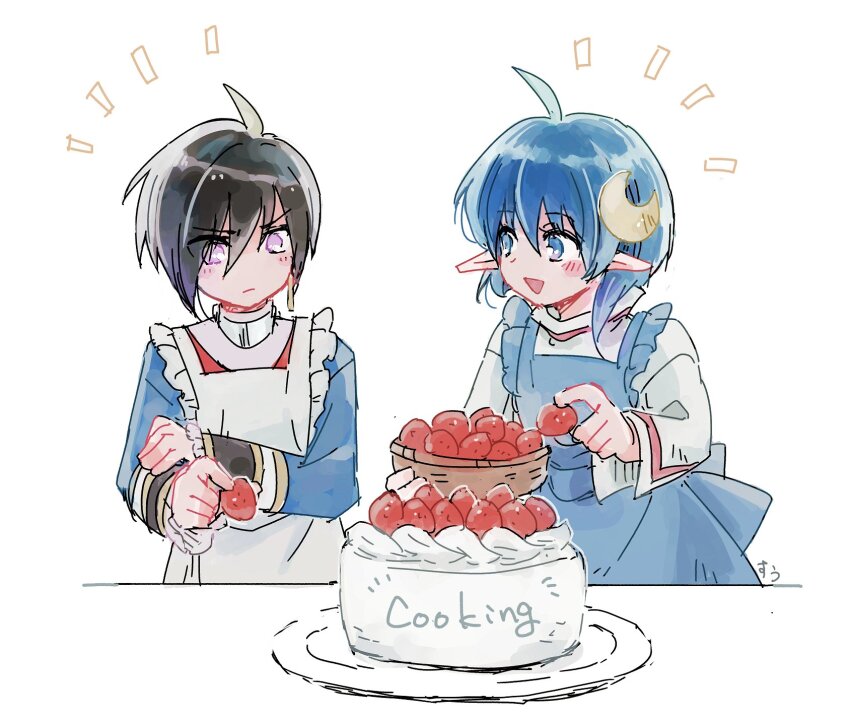 1boy 1girl :d ahoge apron black_hair blue_apron blue_hair blush_stickers cake closed_mouth crescent crescent_hair_ornament crossover food fruit hair_ornament highres leon_magnus open_mouth pointy_ears rena_lanford short_hair smile star_ocean star_ocean_the_second_story strawberry suuu178 tales_of_(series) tales_of_destiny white_apron white_background