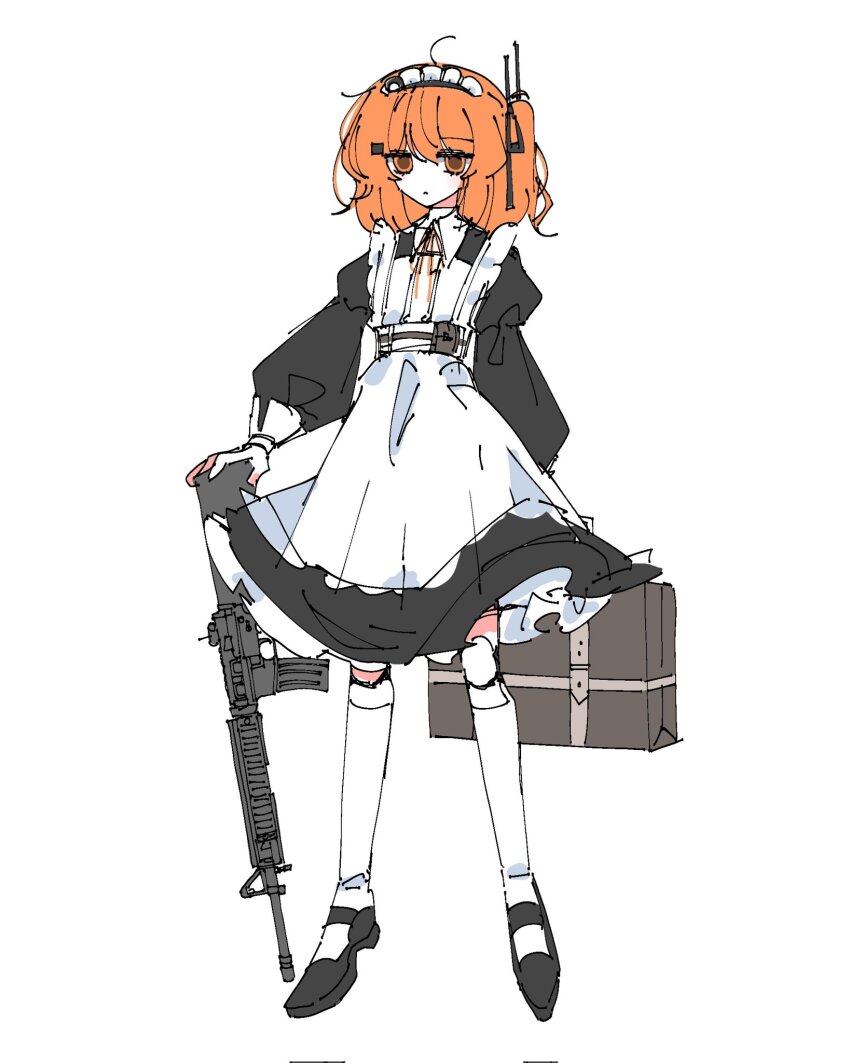 1girl a.i._voice adachi_rei alternate_costume android apron black_dress black_footwear black_ribbon closed_mouth dress enmaided full_body gun hair_ornament hair_ribbon highres holding holding_gun holding_suitcase holding_weapon joints kneehighs long_sleeves looking_at_viewer maid maid_apron maid_headdress medium_hair mei_(meiday_mise) one_side_up orange_eyes orange_hair radio_antenna ribbon rifle robot_joints shoes simple_background socks solo standing suitcase utau weapon white_apron white_background white_socks