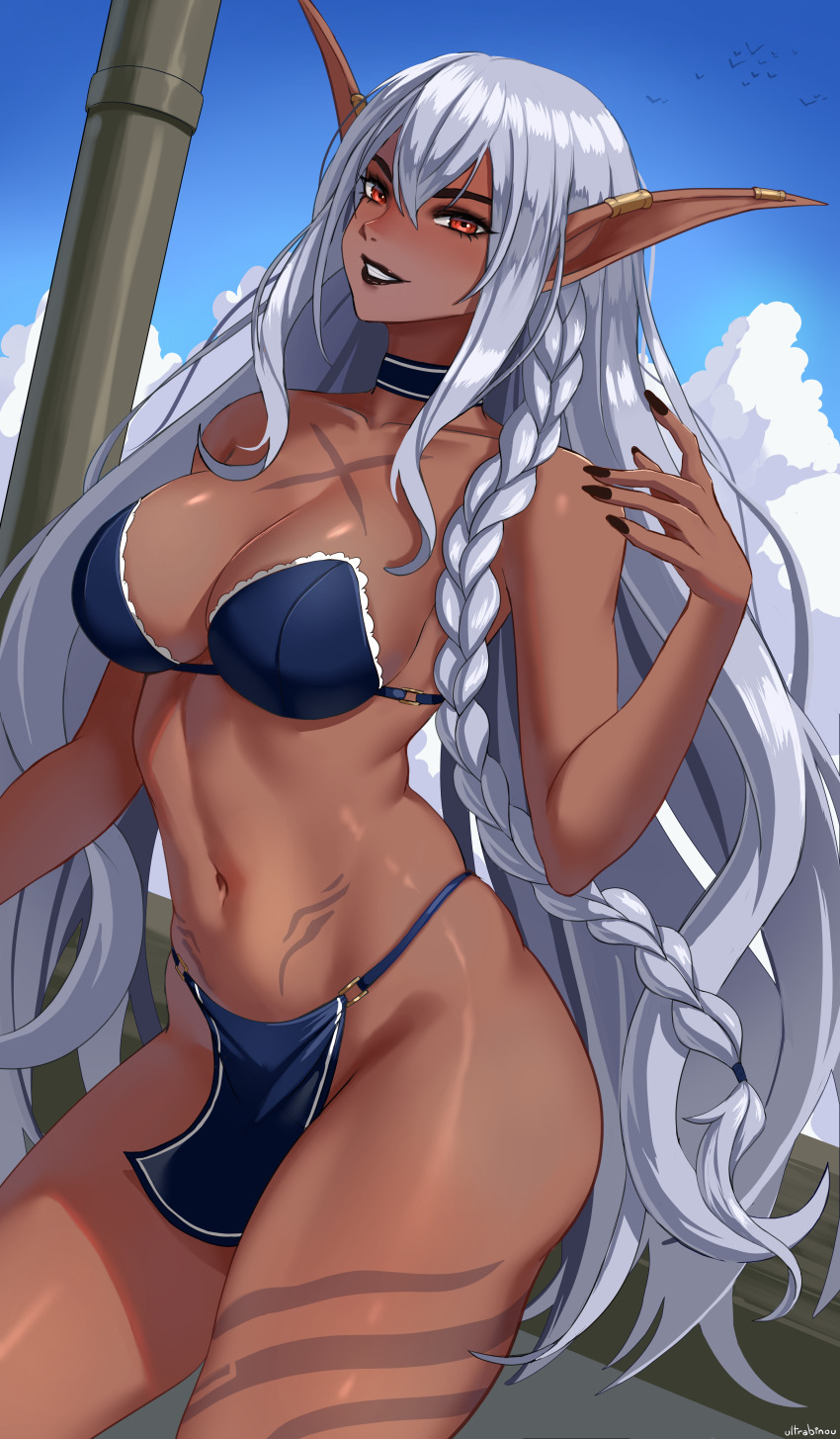 1girl absurdres artist_name bikini black_lips black_nails blue_bikini blue_sky body_markings braid breasts choker cleavage cloud collarbone commentary dark-skinned_female dark_elf dark_skin earclip elf english_commentary grey_hair hair_between_eyes hand_up highres large_breasts linea_alba long_hair looking_at_viewer nail_polish navel original pointy_ears red_eyes single_braid sky smile solo stomach swimsuit thighs toned_female ultrabinou very_long_hair