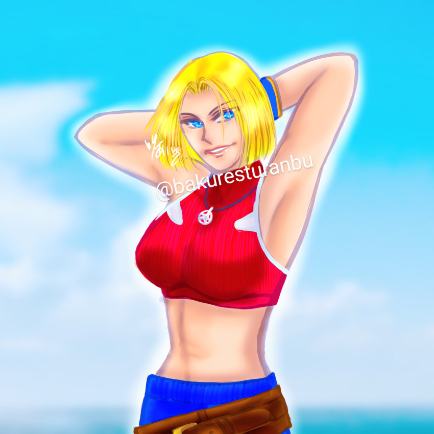 1girl armpits arms_behind_head blonde_hair blue_eyes blue_mary breasts denim fatal_fury half-closed_eyes highres jeans large_breasts legs looking_at_viewer midriff navel one_eye_closed pants parted_lips seductive_gaze seductive_smile short_hair sideboob smile snk solo teeth the_king_of_fighters thighs