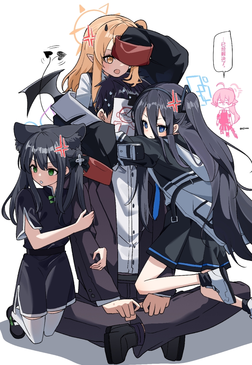 1boy 4girls :3 =_= angry animal_ears aris_(blue_archive) black_coat black_dress black_footwear black_hair black_hairband black_jacket black_pants black_ribbon black_skirt blonde_hair blue_archive blue_eyes bulletproof_vest china_dress chinese_clothes coat demon_girl demon_horns demon_tail demon_wings doodle_sensei_(blue_archive) dress fang green_eyes gun hair_between_eyes hairband highres horns hoshino_(armed)_(blue_archive) hoshino_(blue_archive) hug ibuki_(blue_archive) indian_style jacket long_hair multicolored_clothes multicolored_jacket multiple_girls one_side_up panda_ears panda_girl pants pointy_ears pout ribbon sensei_(blue_archive) shirt shotgun shun_(blue_archive) shun_(small)_(blue_archive) sitting skirt sleeves_past_fingers sleeves_past_wrists speech_bubble tail thighhighs very_long_sleeves weapon whirlwinddog white_footwear white_shirt white_thighhighs wings yellow_eyes