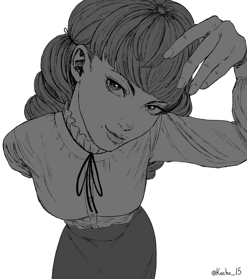 1girl absurdres arm_behind_back arm_up blunt_bangs breasts bright_pupils closed_mouth cowboy_shot drill_hair fear_&amp;_hunger fear_&amp;_hunger_2:_termina foreshortening frilled_shirt_collar frills greyscale head_tilt highres kocho_15 light_smile long_hair long_sleeves looking_at_viewer marina_(fear_&amp;_hunger) monochrome mouth_piercing neck_ribbon ribbon shirt_tucked_in simple_background skirt solo twin_drills twitter_username white_background white_pupils