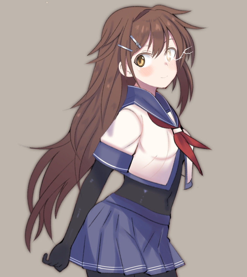 1girl alternate_hair_length alternate_hairstyle black_bodysuit blue_sailor_collar blue_skirt bodysuit breasts brown_hair commentary_request covered_navel dated_commentary enoki_p furutaka_(kancolle) furutaka_kai_ni_(kancolle) glowing glowing_eye hair_ornament hairclip heterochromia highres kantai_collection long_hair medium_breasts miniskirt neckerchief pleated_skirt red_neckerchief sailor_collar school_uniform serafuku skirt smile solo very_long_hair yellow_eyes