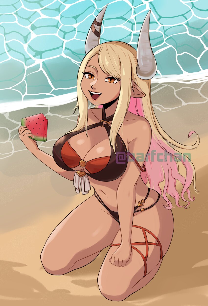 absurdres barfchan beach bikini blonde_hair breasts dark-skinned_female dark_skin draph food from_above fruit granblue_fantasy highres horn_ornament horn_ribbon horns kneeling kumbhira_(granblue_fantasy) kumbhira_(summer)_(granblue_fantasy) large_breasts layered_bikini leg_ribbon official_alternate_costume pointy_ears ribbon swimsuit thigh_ribbon water watermelon